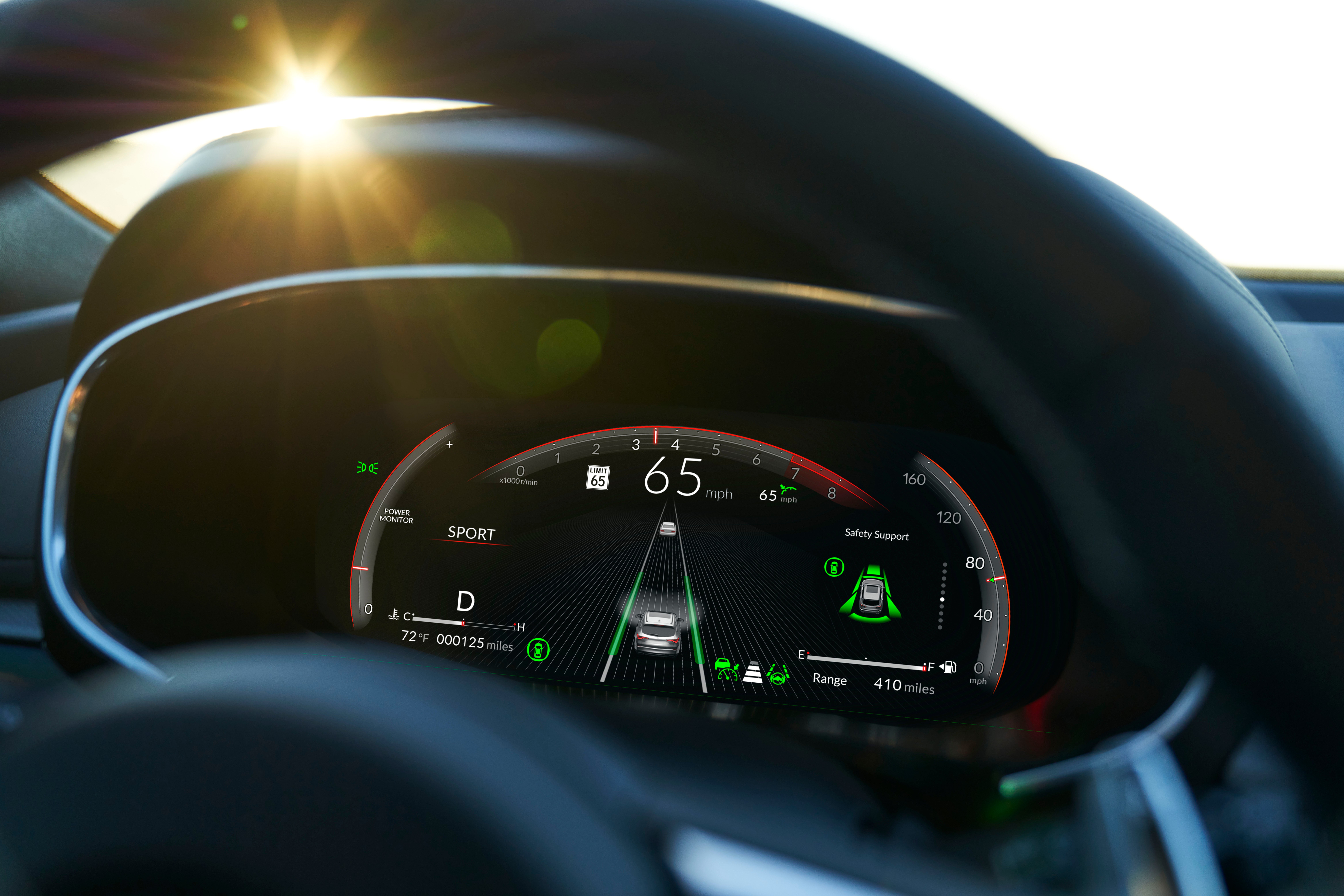 Interior of an Acura ADX with the sun shining through the windshield